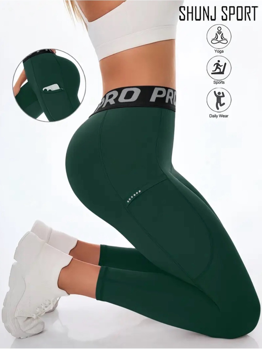 Women's Dark Green High-Waist Pocket Leggings